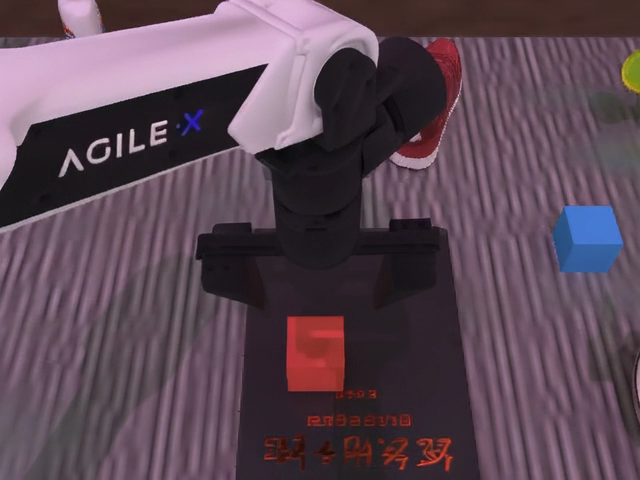 Robot arm over a red tabletop block